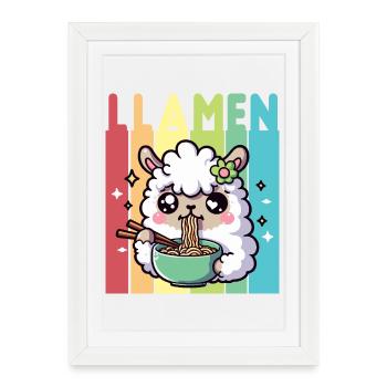 Lama Kawaii Mangeur de Nouilles ArcEnCiel - Affiche encadrée (27 × 37 cm) - blanc - Devant