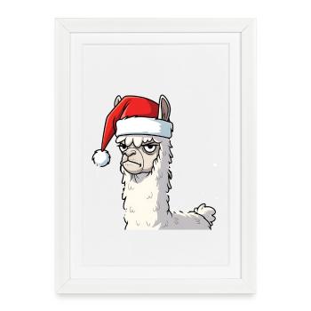 Lama avec le Père Noël Chapeau Alpaga Anti Noël - Affiche encadrée (27 × 37 cm) - blanc - Devant
