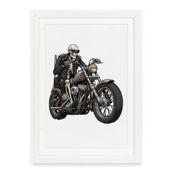 Motard squelette sur moto chopper rétro - Affiche encadrée (27 × 37 cm) - blanc - Devant