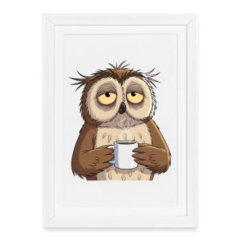 Müde Eule mit Kaffee – Lustiges Tierdesign Humor - Gerahmtes Poster (27 × 37 cm) - Weiß - Vorne