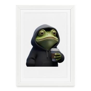 Müder Frosch im Hoodie mit Kaffee – Funny Design - Gerahmtes Poster (27 × 37 cm) - Weiß - Vorne