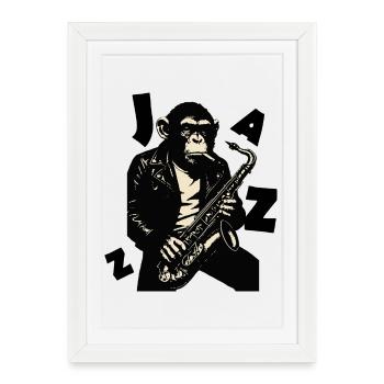 Saxophone Monkey in Leather Jacket - Framed poster (27 × 37 cm) - white - Front