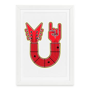 Guitare rouge en forme de U avec des cuivres de doigts dans la main - Affiche encadrée (27 × 37 cm) - blanc - Devant