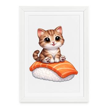 Chat mignon, sushi, nourriture japonaise, poisson - Affiche encadrée (27 × 37 cm) - blanc - Devant
