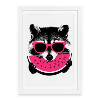 Raccoon in pink sunglasses eating melon - Framed poster (27 × 37 cm) - white - Front