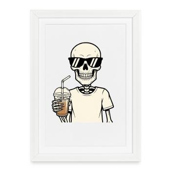 Café glacé Squelette Lunettes de soleil Accro au café - Affiche encadrée (27 × 37 cm) - blanc - Devant