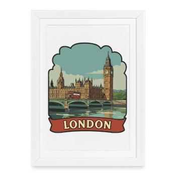 Badge de voyage vintage du bus rouge Big Ben de Londres - Affiche encadrée (27 × 37 cm) - blanc - Devant