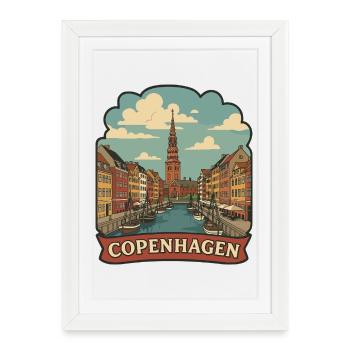 Autocollant de voyage vintage Copenhagen Nyhavn - Affiche encadrée (27 × 37 cm) - blanc - Devant