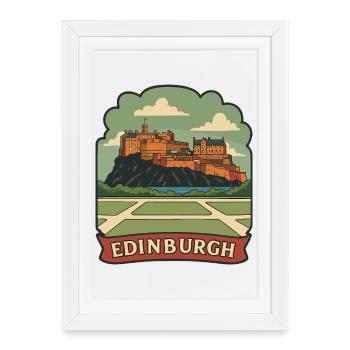 Autocollant de badge de voyage rétro du château d’Édimbourg - Affiche encadrée (27 × 37 cm) - blanc - Devant