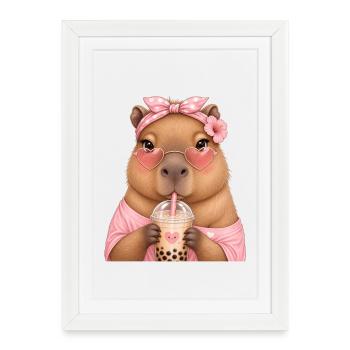 Capybara Girl Bubble Tea - Gerahmtes Poster (27 × 37 cm) - Weiß - Vorne