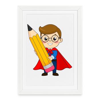 Super-héros avec stylo et lunettes pour l’inscription à l’école - Affiche encadrée (27 × 37 cm) - blanc - Devant
