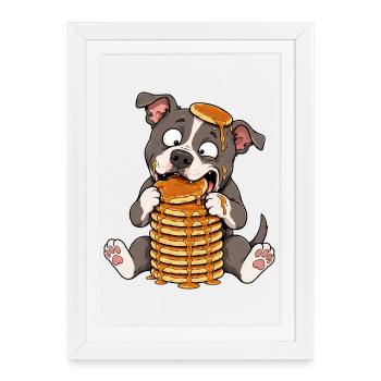 Pitbull with Pancakes Funny Cartoon - Framed poster (27 × 37 cm) - white - Front