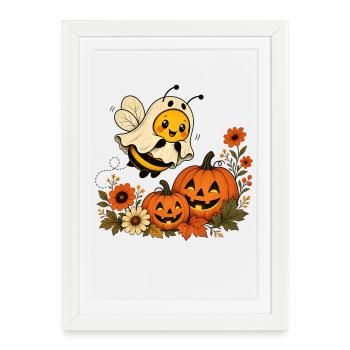 Abeille d’Halloween en fantôme avec un T-shirt citrouille - Affiche encadrée (27 × 37 cm) - blanc - Devant