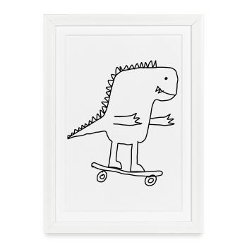 Dino sur Skateboard - Dessin animé cool pour les nerds - Affiche encadrée (27 × 37 cm) - blanc - Devant