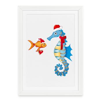 Poissons et hippocampes dans l’ de Noël - Affiche encadrée (27 × 37 cm) - blanc - Devant