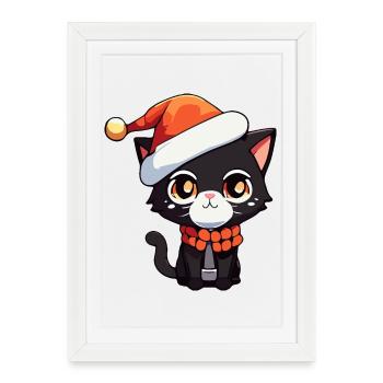 Chat kawaii avec chapeau de père Noël chaton mignon - Affiche encadrée (27 × 37 cm) - blanc - Devant