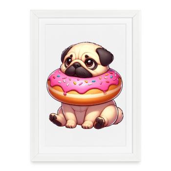Chien carlin mignon avec dessert de grignotage de beignet - Affiche encadrée (27 × 37 cm) - blanc - Devant