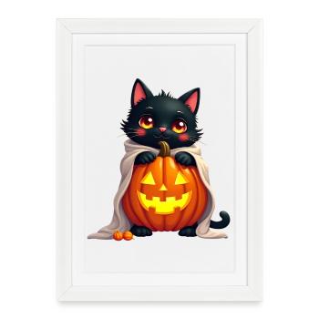 Chat d’Halloween avec citrouille d’Halloween - Affiche encadrée (27 × 37 cm) - blanc - Devant