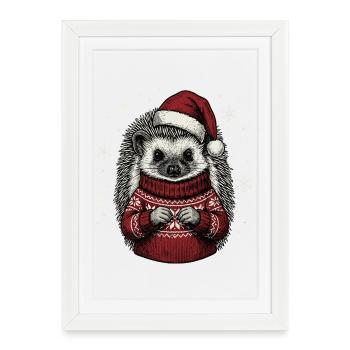 Hedgehog Christmas Santa Hat Pajamas Funny Xmas - Framed poster (27 × 37 cm) - white - Front