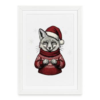 Renard Rouge Noël Doux Noël Renard Hiver - Affiche encadrée (27 × 37 cm) - blanc - Devant