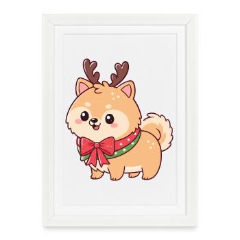 Chien Renne Noël Doux Festif - Affiche encadrée (27 × 37 cm) - blanc - Devant
