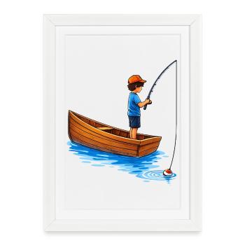 Illustration de garçon pêchant en bateau - Affiche encadrée (27 × 37 cm) - blanc - Devant