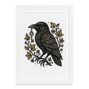 Corbeau avec une clé dans les tentacules - Affiche encadrée (27 × 37 cm) - blanc - Devant