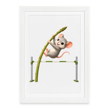 Dessin animé drôle de souris asperges au saut en hauteur - Affiche encadrée (27 × 37 cm) - blanc - Devant