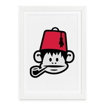monkey fez ape primat affe pipe smoker - Affiche encadrée (27 × 37 cm) - blanc - Devant