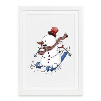 Illustration of a cheerful snowman on skis - Framed poster (27 × 37 cm) - white - Front