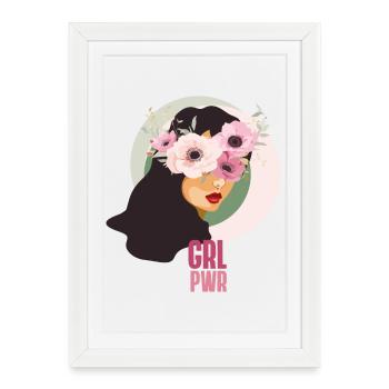 Girl Power Fleurs Visage Fort Rose Féminisme Mignon - Affiche encadrée (27 × 37 cm) - blanc - Devant