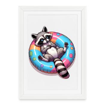 A relaxed raccoon on a swimming ring - Framed poster (27 × 37 cm) - white - Front