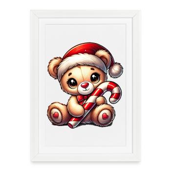 Ours en peluche avec canne à sucre – Sweet Christmas design - Affiche encadrée (27 × 37 cm) - blanc - Devant