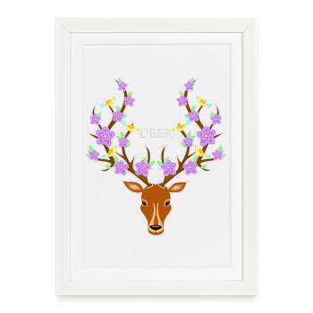 Cerf fleuri avec des accents d’oiseaux - Affiche encadrée (27 × 37 cm) - blanc - Devant