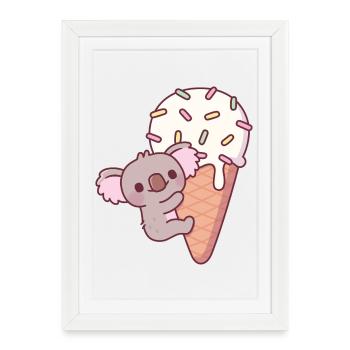 Drôle de koala s’accrochant à un cornet de crème glacée - Affiche encadrée (27 × 37 cm) - blanc - Devant