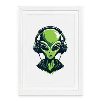 Alien with Headphones – Minimalistic Techno design - Framed poster (27 × 37 cm) - white - Front