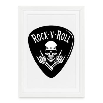 Crâne Rock N Roll Sur Noir - Affiche encadrée (27 × 37 cm) - blanc - Devant