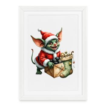 Lutin de Noël vert avec sac - Affiche encadrée (27 × 37 cm) - blanc - Devant