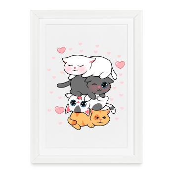 Four Kawaii Kittens Stack Cute Cats Illustration - Framed poster (27 × 37 cm) - white - Front