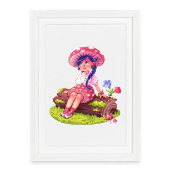 Mushroom Girl in a Forest - Framed poster (27 × 37 cm) - white - Front