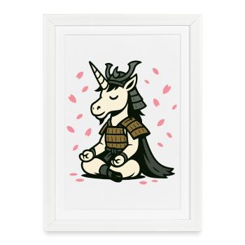 Meditating Samurai Unicorn with Cherry Blossoms - Framed poster (27 × 37 cm) - white - Front