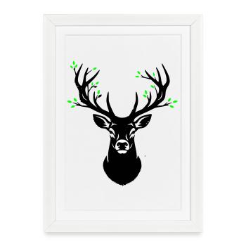 Feuilles naturelles en bois de cerf de tête de cerf - Affiche encadrée (27 × 37 cm) - blanc - Devant