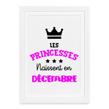 Cadeau naissance bébé fille Décembre Princesses - Affiche encadrée (27 × 37 cm) - blanc - Devant