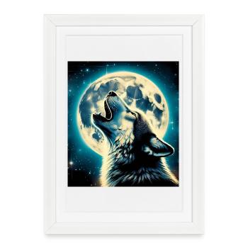 Le loup hurle à la pleine lune - Affiche encadrée (27 × 37 cm) - blanc - Devant