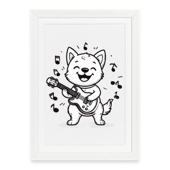 Chien amateur de musique avec guitare - Affiche encadrée (27 × 37 cm) - blanc - Devant