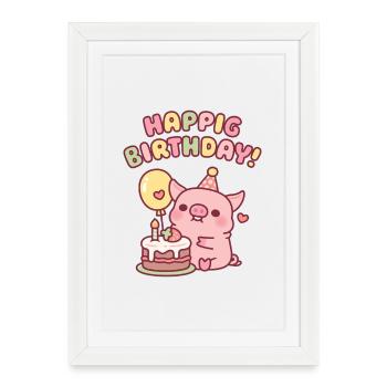 Cute Pig With Birthday Cake Happig Birthday Pun - Framed poster (27 × 37 cm) - white - Front