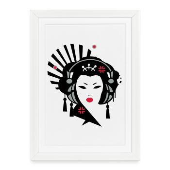 Geisha avec un casque - Affiche encadrée (27 × 37 cm) - blanc - Devant