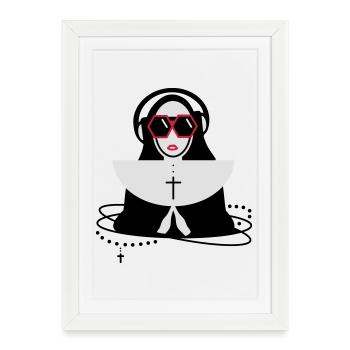 La religieuse avec des lunettes et un casque - Affiche encadrée (27 × 37 cm) - blanc - Devant