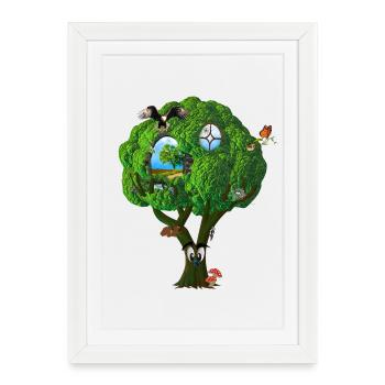 Treehouse Fantasy Tree with Eyes Birds Mushrooms - Framed poster (27 × 37 cm) - white - Front