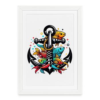 Une ancre avec des poissons - Affiche encadrée (27 × 37 cm) - blanc - Devant
